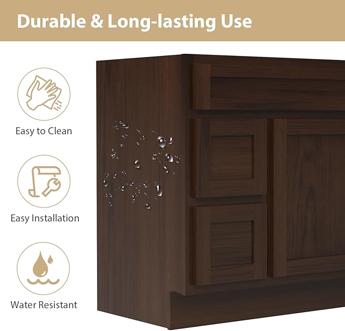 HomeBeyond 36 Inch Bathroom Vanity Base Only, Single Vanity Cabinet with 2 Side Dove-Tailed Drawers, Composable Floor Mount Cabinets Without Top, Rustic Brown
