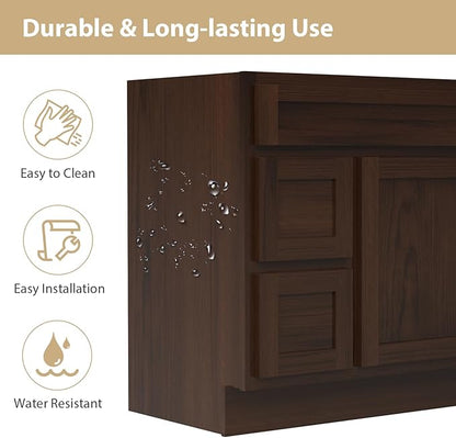 HomeBeyond 36 Inch Bathroom Vanity Base Only, Single Vanity Cabinet with 2 Side Dove-Tailed Drawers, Composable Floor Mount Cabinets Without Top, Rustic Brown
