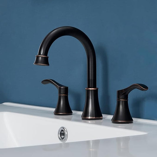 Oil Rubbed Bronze Bathroom Faucet, 2 Handle 3 Hole 8 Inch Widespread Bathroom Faucet, 360°Swivel High-Arc Spout, Stainless Steel Faucet for Bathroom/Vanity/Lavatory, VAL052HZST