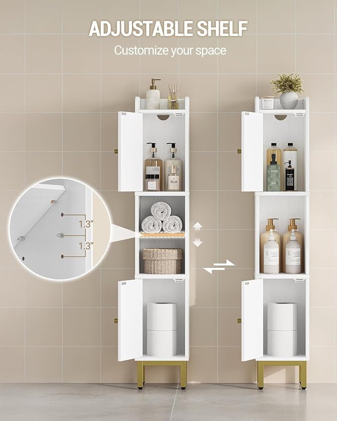 Hzuaneri Slim Bathroom Storage Cabinet, Narrow Bathroom Organizers,2 Doors | Narrow Bathroom Storage with 4 Adjustable Feet, Laundry Room Organization for Small Space,Kitchen, White BC22413G
