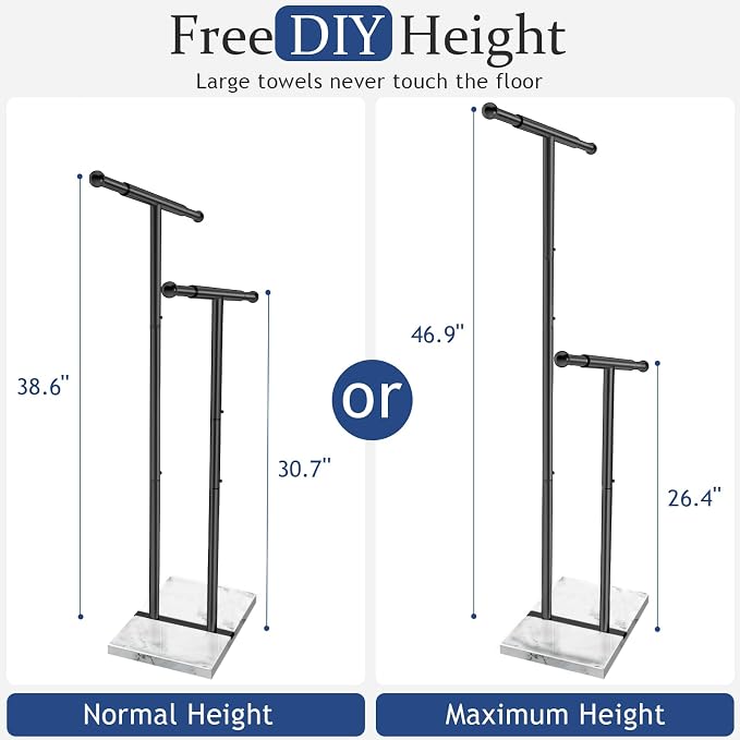 Kayfia 40'' Stainless Steel Towel Rack, Weighted Marble Base, 2 Tier | Width Adjustable Taller Design, Brushed Stainless Steel , Stable Weighted Base, Suitable For Multiple Bathroom Spaces, Black