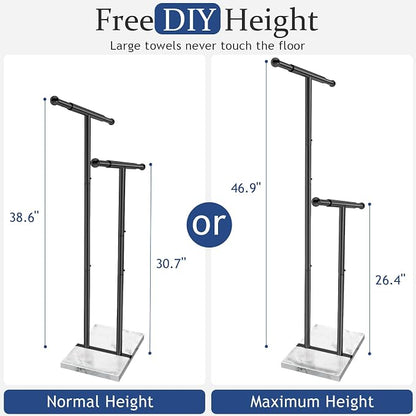 Kayfia 40'' Stainless Steel Towel Rack, Weighted Marble Base, 2 Tier | Width Adjustable Taller Design, Brushed Stainless Steel , Stable Weighted Base, Suitable For Multiple Bathroom Spaces, Black