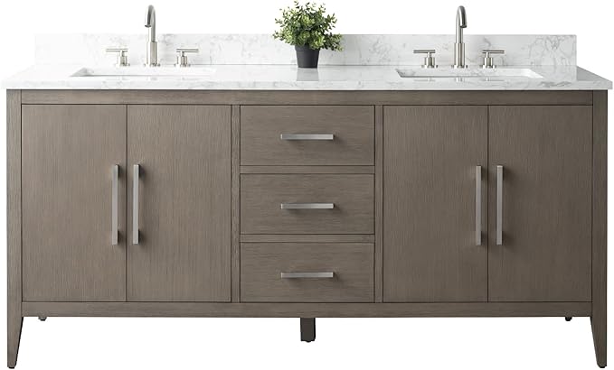Vanity Art 72 inch Bathroom Vanity with Double Sink & Ceramic Top, Vanity Cabinet with Soft-Closing Doors, Drawers, Solid Wood Frame, Driftwood Gray, Brushed Nickle Handware