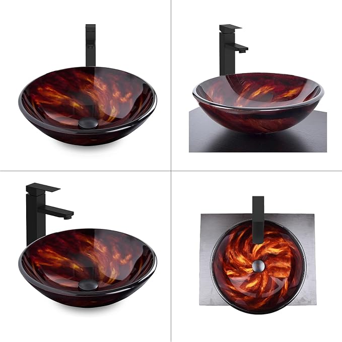 Bathroom Artistic Vessel Sink, Tempered Glass Vanity Round Bowl, Flame Red | Black Faucet, Pop Up Drain, Above Counter, Easy Clean