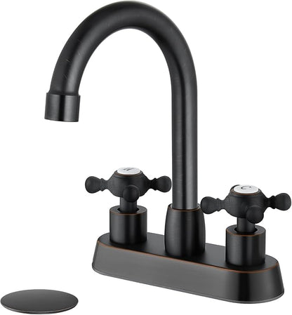 Oil Rubbed Bronze 4 Inch Centerset Bathroom Faucet, Vintage Bathroom Faucet | Lead-Free SUS304 Stainless Steel 4-Inch Vanity Faucet for 2 or 3-Hole Sinks, Cross Handle Design with 360° Swivel Spout