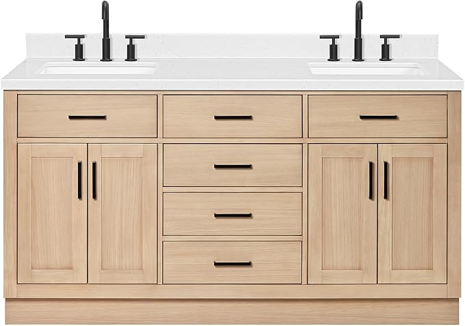 ARIEL Hepburn 66-inch Bathroom Vanity with Sink,Solid Wood, 1.5-inch Carrara White Quartz Countertop, Double Rectangular Porcelain Sink, 4 Soft Closing Doors, 6 Dovetail Drawers, White Oak