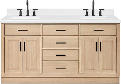 ARIEL Hepburn 66-inch Bathroom Vanity with Sink,Solid Wood, 1.5-inch Carrara White Quartz Countertop, Double Rectangular Porcelain Sink, 4 Soft Closing Doors, 6 Dovetail Drawers, White Oak