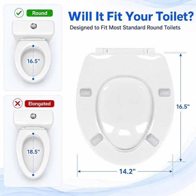 Raised Toilet Seat with Bidet for Seniors, 3" Height, Heavy Duty Slow Close Elevated Toilet Seat with Never Loosen Hinges, Fits Most Round Toilets, No Electric Cold Water Only (Round 16.5'')