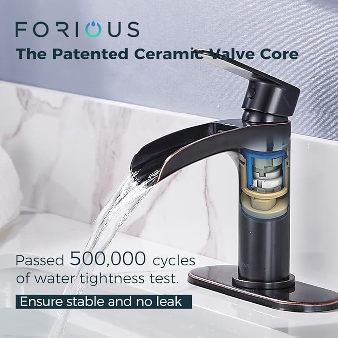 FORIOUS Oil Rubbed Bronze Bathroom Faucet Single Hole, Single Handle Waterfall Bathroom Sink Faucet 1 or 3 Hole with Metal Pop Up Drain and Hose for Vanity RV Restroom