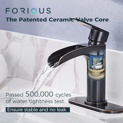 FORIOUS Oil Rubbed Bronze Bathroom Faucet Single Hole, Single Handle Waterfall Bathroom Sink Faucet 1 or 3 Hole with Metal Pop Up Drain and Hose for Vanity RV Restroom