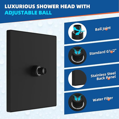 Hibbent cUPC Certified High Pressure 10'' Rain Shower Head, Matte Black | Metal Square Bathroom Waterfall Thickness Shower Heads, High-flow Fixed Rainfall Showerheads, Adjustable Brass Ball Joint