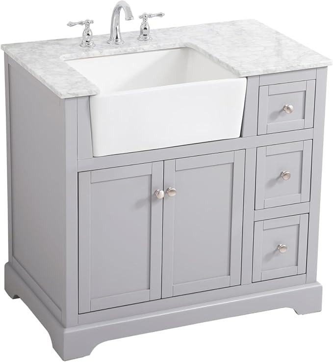 36" Pre-Assembled Bathroom Vanity with Sink, Solid Birch and MDF, Carrara White Marble Countertop Attached, Single Rectangle Porcelain Sink, 3 Soft-Close Drawers, Grey