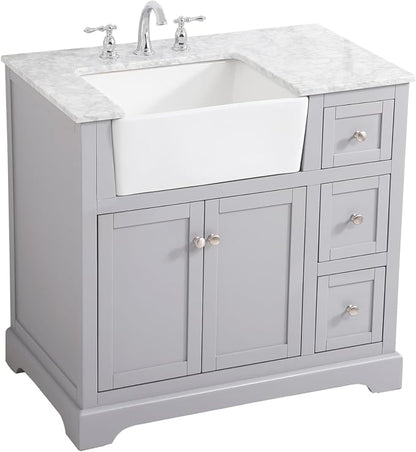 36" Pre-Assembled Bathroom Vanity with Sink, Solid Birch and MDF, Carrara White Marble Countertop Attached, Single Rectangle Porcelain Sink, 3 Soft-Close Drawers, Grey