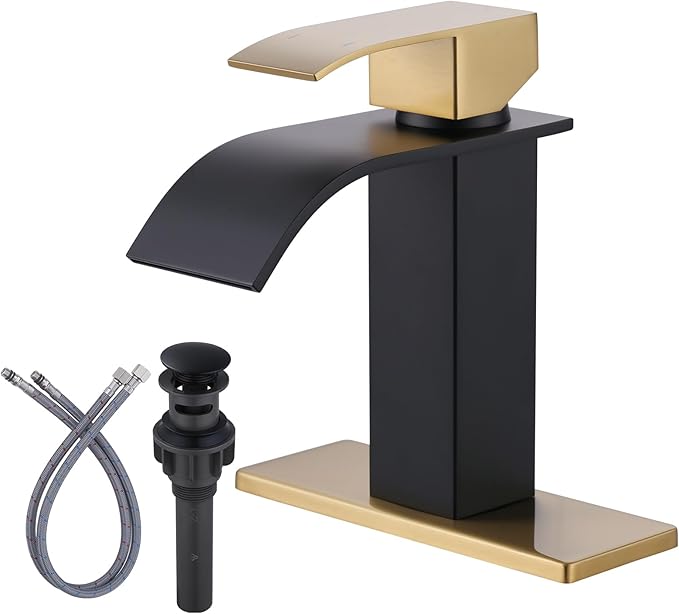 Black and Gold Bathroom Faucet, ARCORA Waterfall Faucet for Bathroom Sink Single Handle Mixer Tap Lavatory Vanity Faucet with Deck Plate and Pop Up Drain, 1 or 3 Hole