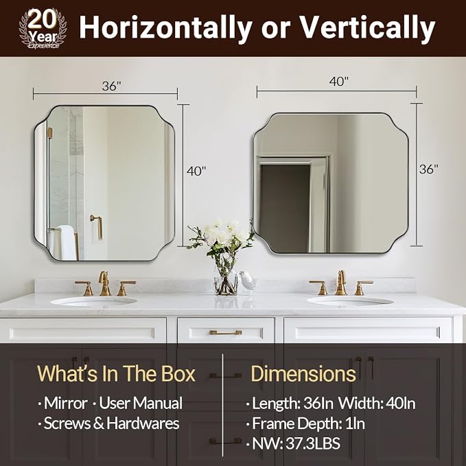 36x40 Inch Brushed Nickel Mirror, Large Bathroom Mirrors, Modern Silver Vanity Mirror in Anti-Rust Stainless Steel Frame, Unique Rounded Notched Corner Design, Ideal for Bathroom Remodel