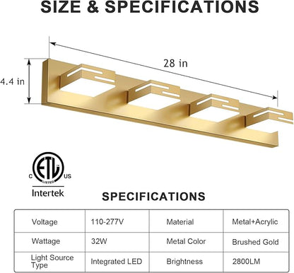 LED Modern Bathroom Vanity Light Fixtures, 4-Light 28-inch Dimmable Gold Vanity Lights for Bathroom Lighting Fixtures Over Mirror, with 350° Rotatable Heads (Cool White 6000K)