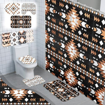FuWeave 8 Pcs Aztec Shower Curtain Set, Southwestern Bathroom 12 Hooks