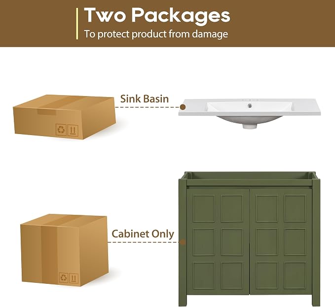 SOFTSEA 36" Bathroom Vanity with Sink Combo, Single Sink Bathroom Vanity with Soft-Close Doors, Solid Wood Frame Bathroom Cabinet, Ceramic Basin, Easy Assembly, Green