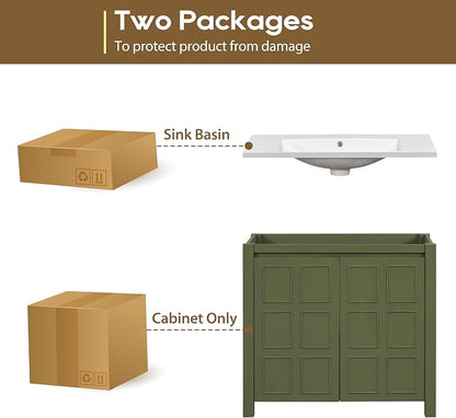 SOFTSEA 36" Bathroom Vanity with Sink Combo, Single Sink Bathroom Vanity with Soft-Close Doors, Solid Wood Frame Bathroom Cabinet, Ceramic Basin, Easy Assembly, Green