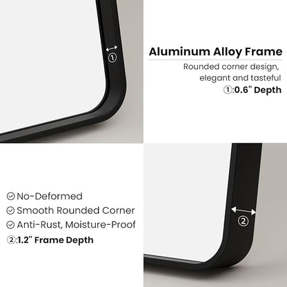 Black Bathroom Mirror, 20x30 Inch Rounded Rectangle Matte Framed Wall Mounted Mirror, Bathroom Vanity Mirror, Tempered Glass, Anti-Rust, Horizontal/Vertical