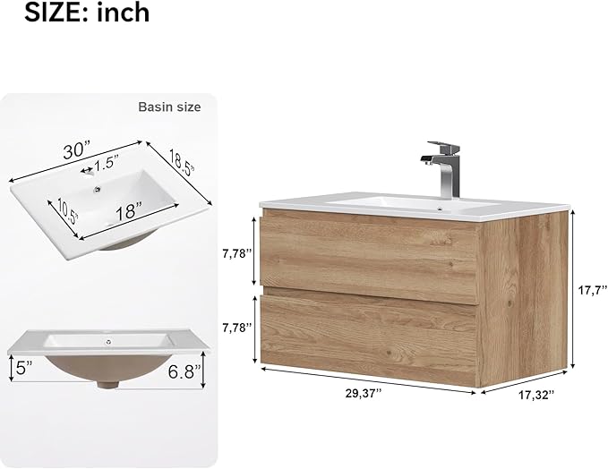 Floating Bathroom Vanity with Sink Wall Mounted Cabinet with 2 Soft-Close Drawers, Moisture-Resistant MDF,Large Storage for Small Space (30")