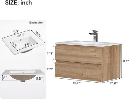 Floating Bathroom Vanity with Sink Wall Mounted Cabinet with 2 Soft-Close Drawers, Moisture-Resistant MDF,Large Storage for Small Space (30")