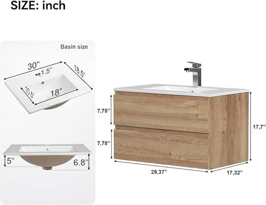 Floating Bathroom Vanity with Sink Wall Mounted Cabinet with 2 Soft-Close Drawers, Moisture-Resistant MDF,Large Storage for Small Space (30")