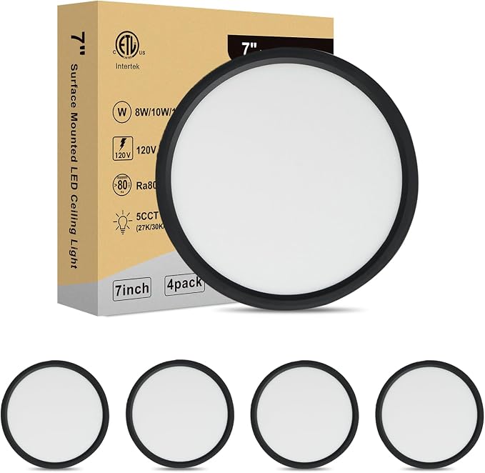 7 Inch LED Ceiling Light, Dimmable and 5CCT Selectable, Ultra Slim 0.67 Inch, Round Flat Ceiling Lamps for Bathroom Basement, 7 Inch 4Pack Black