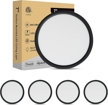 7 Inch LED Ceiling Light, Dimmable and 5CCT Selectable, Ultra Slim 0.67 Inch, Round Flat Ceiling Lamps for Bathroom Basement, 7 Inch 4Pack Black