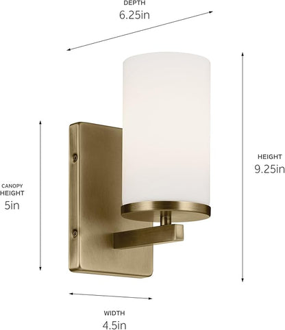 Crosby 4.5" 1-Light Wall Sconce with Satin Etched Cased Opal Glass in Natural Brass, for Bathroom, Powder Room, Hallway, Kitchen, Bedroom, Fireplace, (4.5" x 9.25"), 45495NBR
