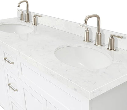 ARIEL Hamlet 72" Double White Bathroom Vanity, 1.5" Edge Carrara Quartz Countertop & Splash, Oval Sinks, 4 Soft Closing Doors, 3 Full Extension Dovetail Drawers, Toe Kick, Brushed Nickel