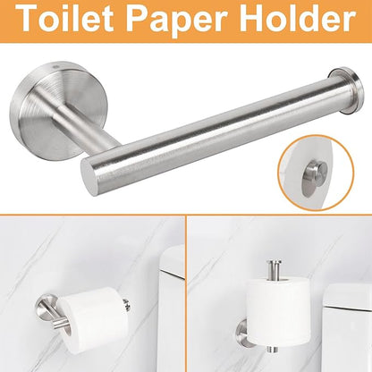 TocTen Bathroom Hardware Set, Thick Stainless Steel Bath Towel Bar Set Including Towel Rack for Bathroom+Toilet Paper Holder+3 Robe Towel Hooks Wall Mount Bathroom Accessory Set(16IN,Brushed Nickel)
