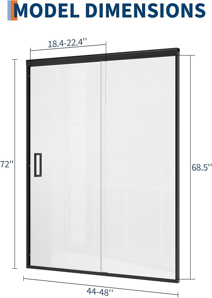 Sliding Shower Door, 44"-48" w x 72" h Semi-Frameless Bypass Bathroom Door with 1/4" Tempered Glass,Matte Black Finish for Walk-in Shower