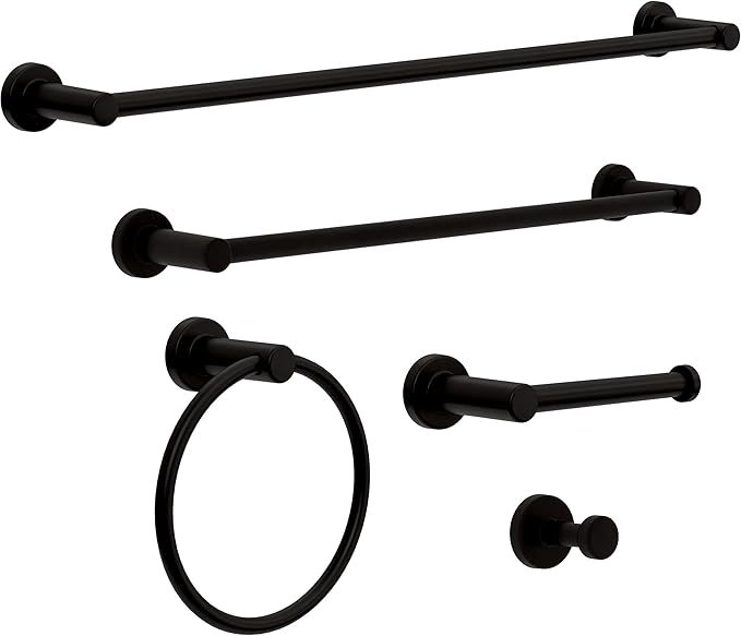 Franklin Brass Wake 5-Piece Bathroom Set Matte Black 18" and 24" Towel Bar Racks, Toilet Paper Holder, Ring, Hook | 5-pc Accessories | Fixtures WAK65-MB