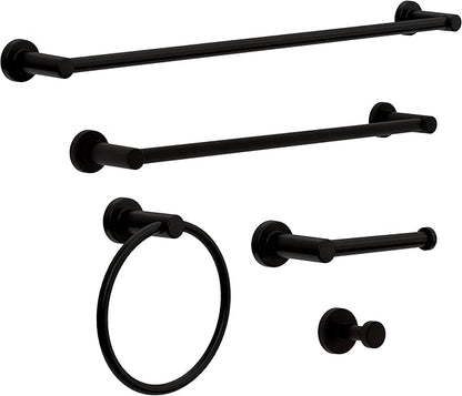 Franklin Brass Wake 5-Piece Bathroom Set Matte Black 18" and 24" Towel Bar Racks, Toilet Paper Holder, Ring, Hook | 5-pc Accessories | Fixtures WAK65-MB