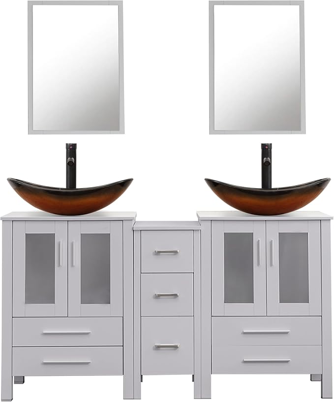 UEV 60" Double Sink Bathroom Vanity,Grey Bathroom Vanity with Double Side Vanity Cabinets & Removable 3 Drawer Storage Cabinet with Modern Vessel Sink,Mirror Not Included(029BR)
