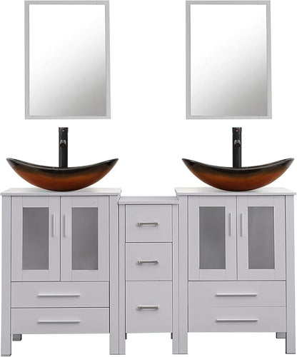 UEV 60" Double Sink Bathroom Vanity,Grey Bathroom Vanity with Double Side Vanity Cabinets & Removable 3 Drawer Storage Cabinet with Modern Vessel Sink,Mirror Not Included(029BR)