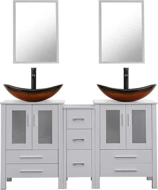 UEV 60" Double Sink Bathroom Vanity,Grey Bathroom Vanity with Double Side Vanity Cabinets & Removable 3 Drawer Storage Cabinet with Modern Vessel Sink,Mirror Not Included(029BR)