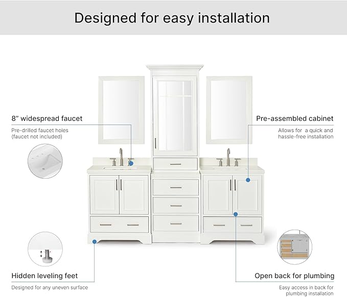 ARIEL Stafford 84-inch Bathroom Vanity with Sink,Solid Wood, 1.5-inch Pure White Quartz Countertop & Backsplash, Double Rectangular Porcelain Sink, 5 Soft Closing Doors, 6 Dovetail Drawers, White
