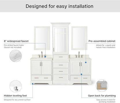 ARIEL Stafford 84-inch Bathroom Vanity with Sink,Solid Wood, 1.5-inch Pure White Quartz Countertop & Backsplash, Double Rectangular Porcelain Sink, 5 Soft Closing Doors, 6 Dovetail Drawers, White