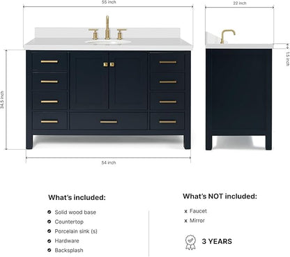 ARIEL Cambridge 54-inch Bathroom Vanity with Sink,Solid Wood, 1.5-inch Pure White Quartz Countertop & Backsplash, Single Oval Porcelain Sink, 2 Soft Closing Doors, 9 Dovetail Drawers, Midnight Blue