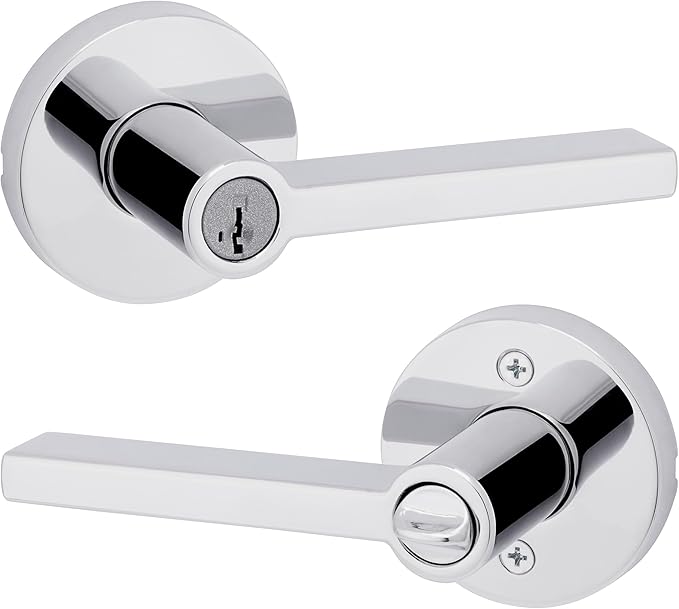 Kwikset Halifax Entry Door Handle with Lock and Key, Secure Round Keyed Reversible Lever Exterior, For Front Entrance and Bedrooms, Polished Chrome, Pick Resistant Smartkey Rekey Security and Microban