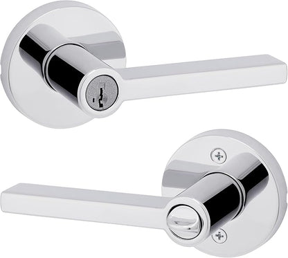 Kwikset Halifax Entry Door Handle with Lock and Key, Secure Round Keyed Reversible Lever Exterior, For Front Entrance and Bedrooms, Polished Chrome, Pick Resistant Smartkey Rekey Security and Microban