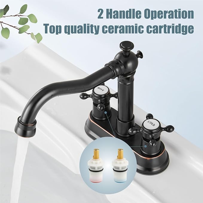Aolemi 4 Inch Centerset Bathroom Sink Faucet Vintage 2 Cross Handle RV Mixer Tap Basin Vanity Lavatory Utility for Sink 3 Hole Include Hoses Pop Up Drain Faucet Handle with Label Oil Rubbed Bronze