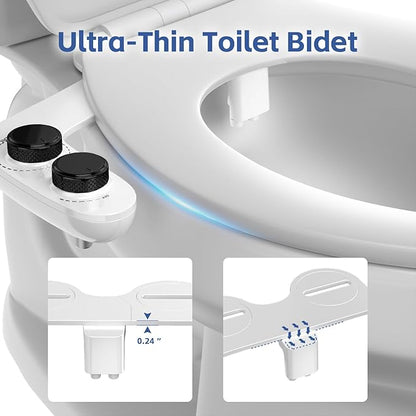 Bidet Attachment for Toilet Sprayer, Self-Cleaning Dual Retractable Nozzles Bidet Spray, Non-Electric Adjustable Water Pressure for Hygienic Rear & Feminine Wash, Easy Installation Ultra-Slim (Black)