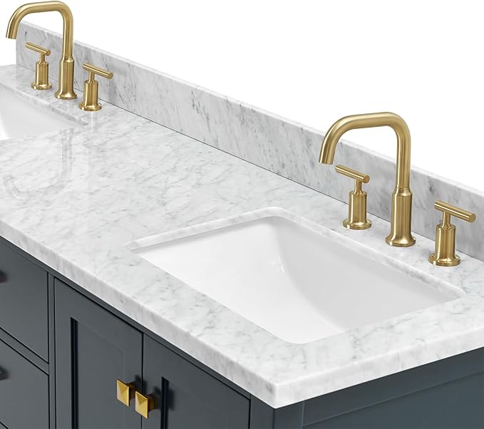 ARIEL Cambridge 66-inch Bathroom Vanity with Sink,Solid Wood, 0.75-inch Italian Carrara Marble Countertop, Double Rectangular Porcelain Sink, 4 Soft Closing Doors, 6 Dovetail Drawers, Midnight Blue