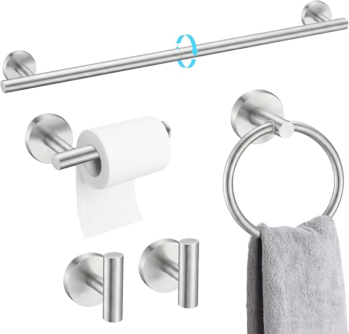 Brushed Nickel 5-Piece Bathroom Hardware Set,Bathroom Accessories Set | SUS304 Stainless Steel, 24 inch Towel Bar, Towel Racks for Bathroom, Toilet Paper Holder Wall Mounted, Robe Towel Hooks