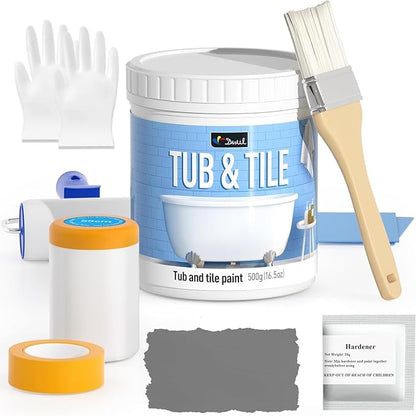 DWIL Tile Paint, Tub and Tile Refinishing Kit with Tools, Water Based & Low Odor Bathtub Paint, Easy to Use for Bathroom Kitchen, Semi-Gloss Dark Grey, 25-30sq.ft