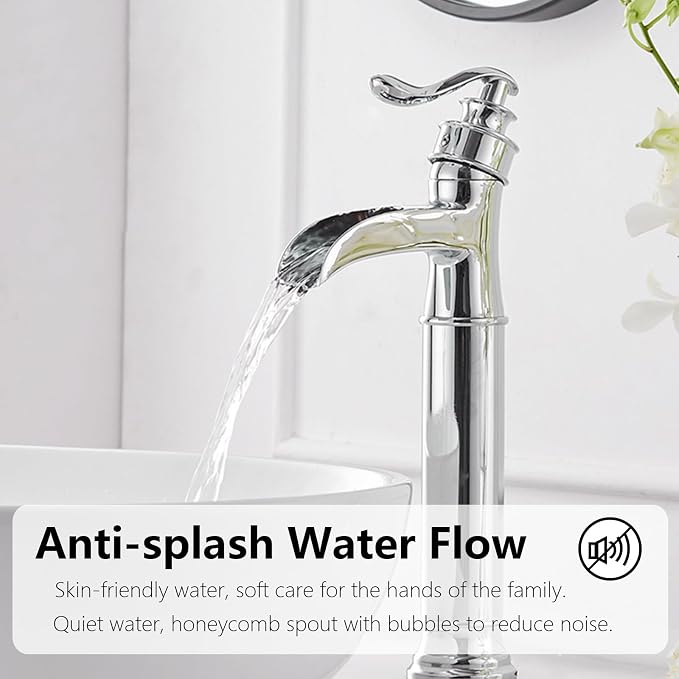 Chrome Vessel Sink Faucet Tall Brass Waterfall Faucet for Vessel Sink | Bathroom Faucets Farmhouse Single Hole Single Handle Vanity Lavatory Without Overflow Pop Up Drain for Washroom by BATHLAVISH