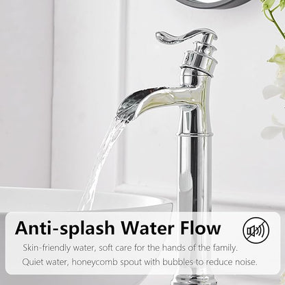 Chrome Vessel Sink Faucet Tall Brass Waterfall Faucet for Vessel Sink | Bathroom Faucets Farmhouse Single Hole Single Handle Vanity Lavatory Without Overflow Pop Up Drain for Washroom by BATHLAVISH